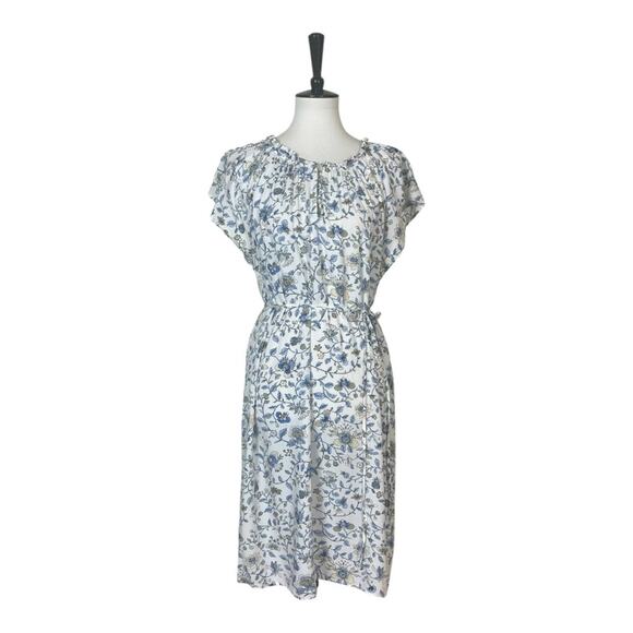 LOFT Dress Round Neck Tie Waist Short Sleeves White Blue Floral Women’s Size XL - Picture 1 of 10
